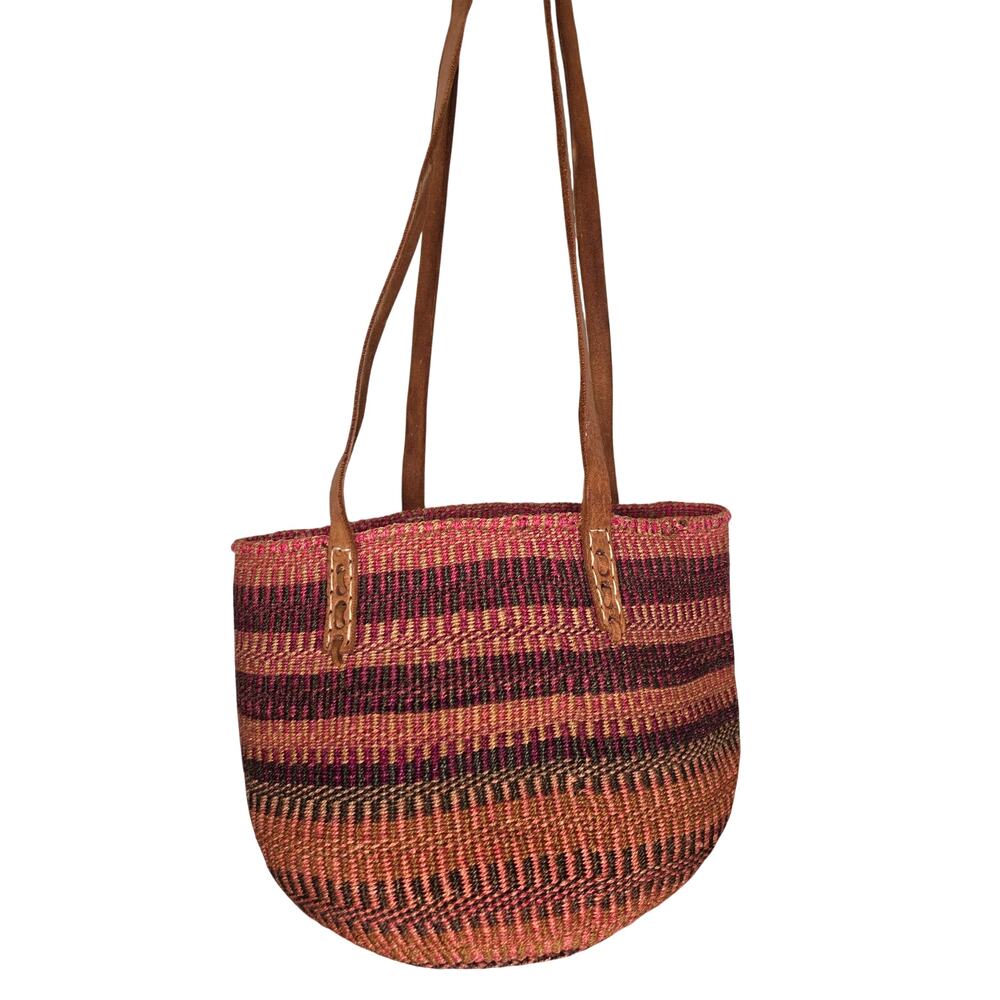 Vintage Woven Sisal Market Basket Tote Bag Leather Handles Raffia - Picture 5 of 8